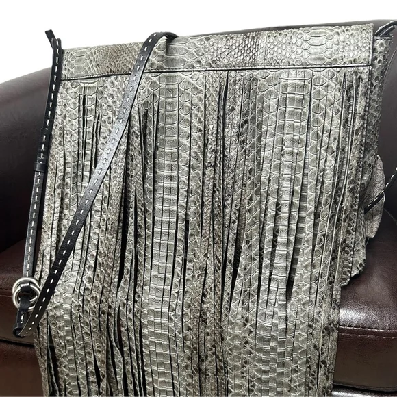 Michael Kors Collection Joni Gray Black Python Leather Fringe Fall Winter Clutch - Picture 6 of 16